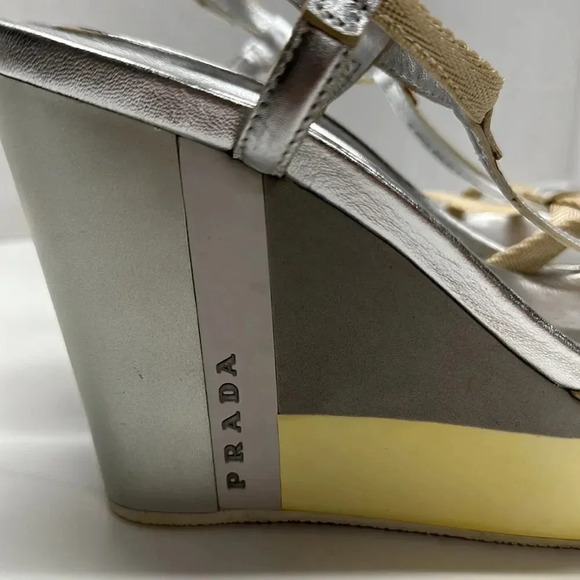 Prada Wedges T-Strap Open Toe High Heel Shoes Leather Yellow Silver Size 38 US 8 - Picture 5 of 12